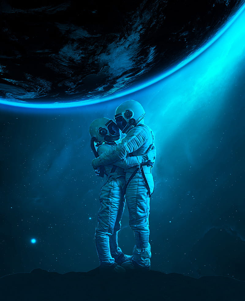astronauts, hugs, love, space, HD phone wallpaper